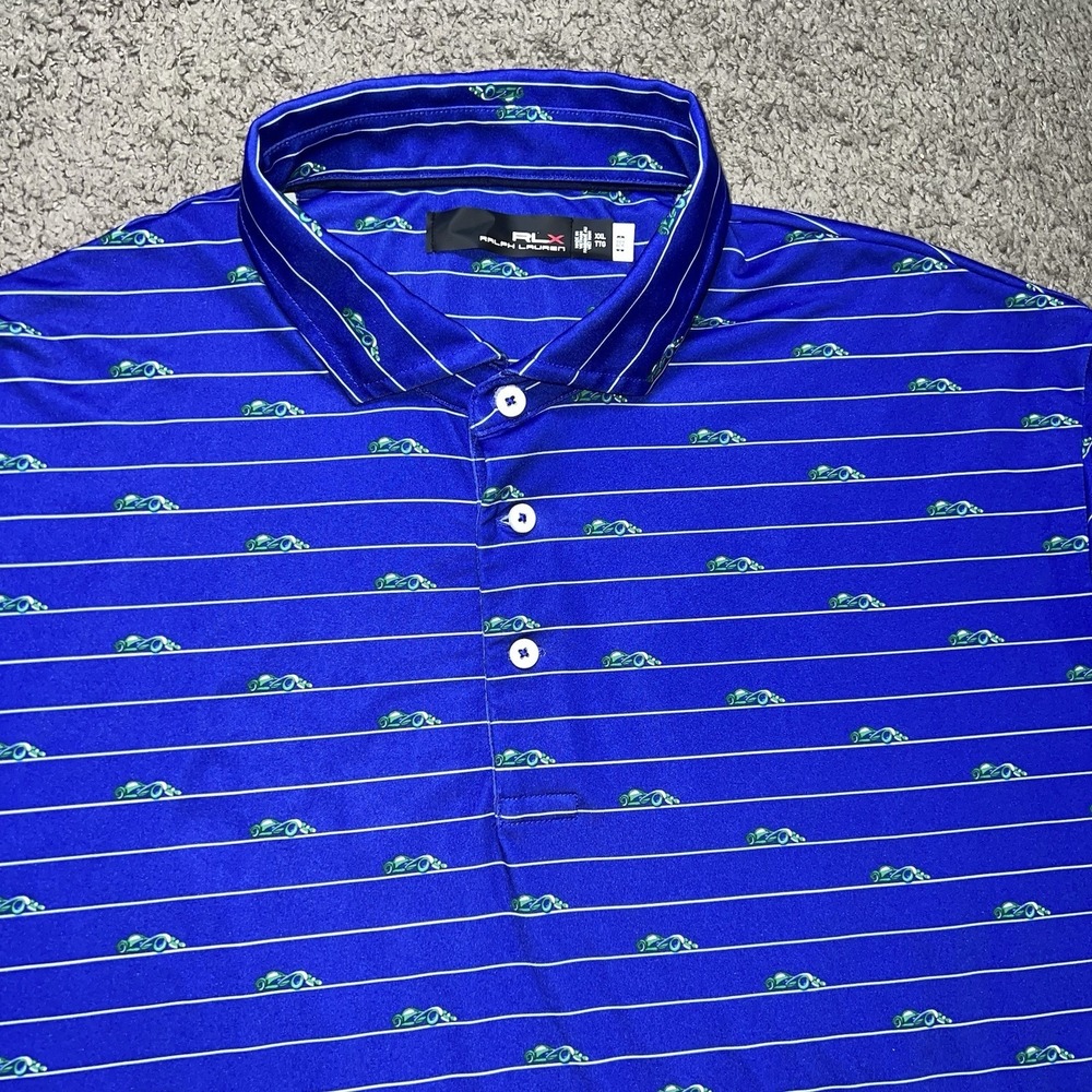 RLX RALPH LAUREN Polo Blue Stripe Green Racecar AOP Dri-Fit Performance Men 2XL